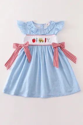 Blue apple embroidery swiss dot dress