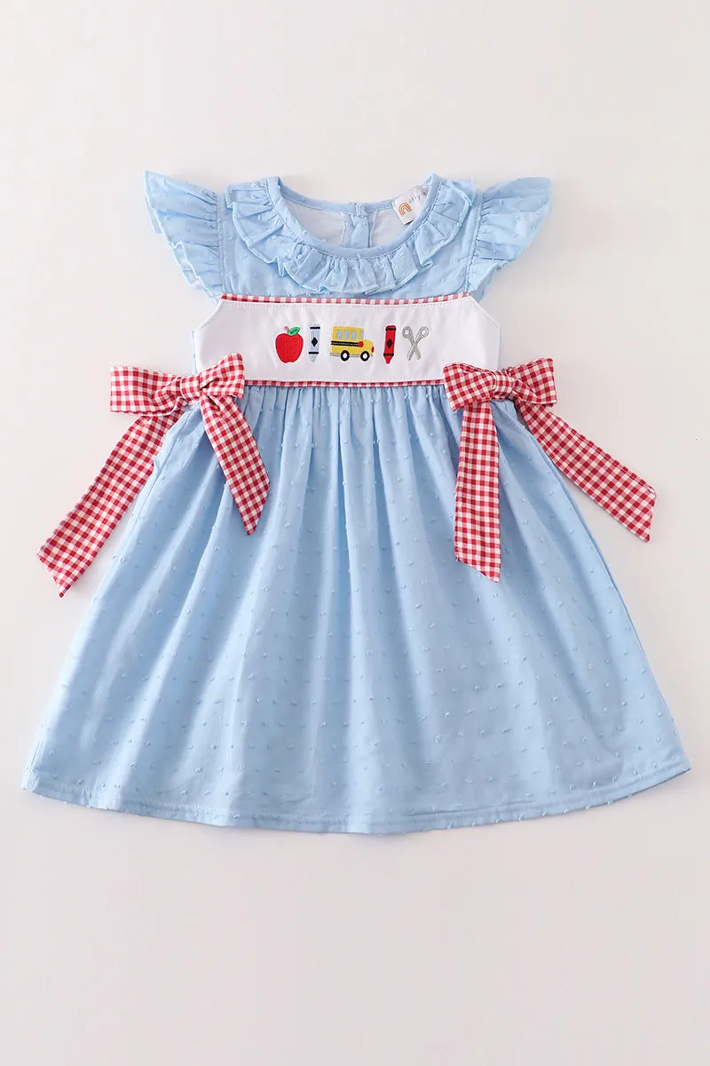 Blue apple embroidery swiss dot dress