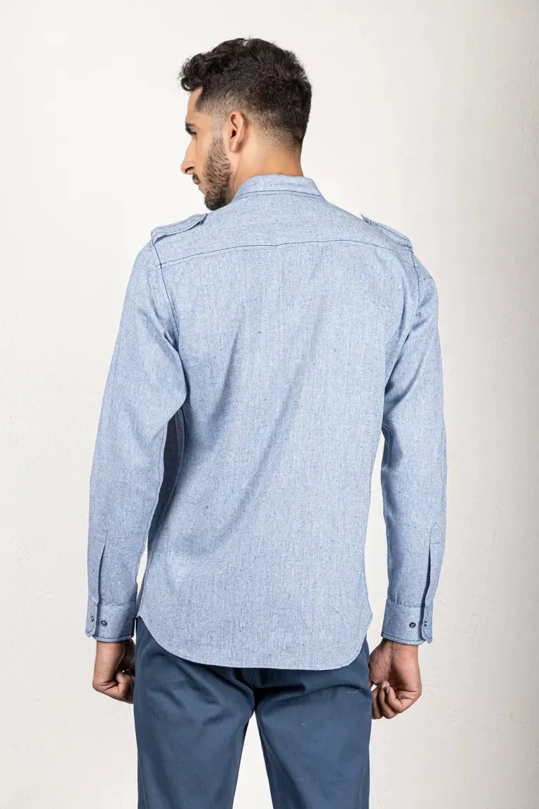 Blue-Colored Two-Tone Yarn Dyed Shirt