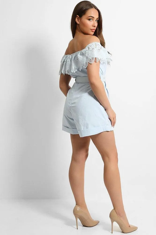 Blue Crochet Knit Off Shoulder Belted Playsuit