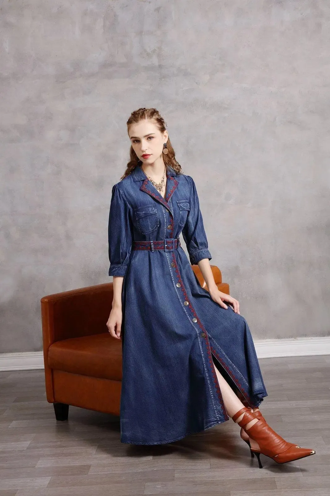 Blue Denim Embroidered Belted Half Sleeve Midi Dress