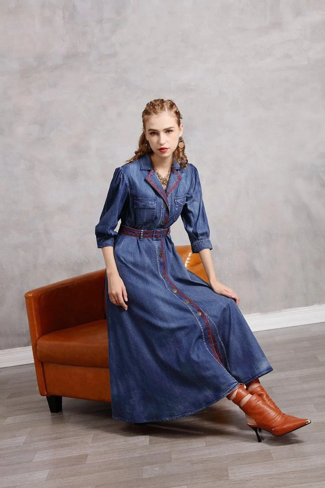 Blue Denim Embroidered Belted Half Sleeve Midi Dress