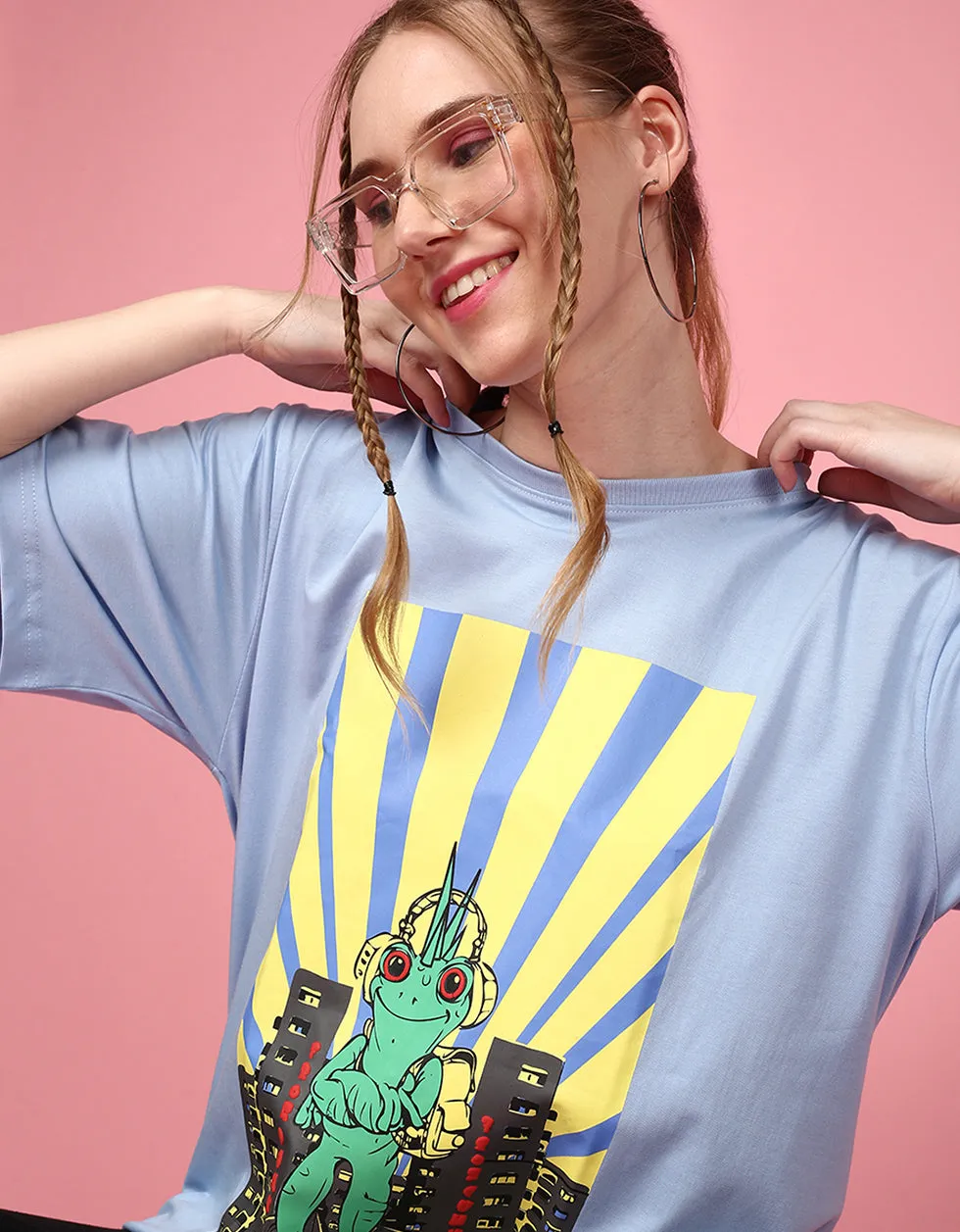 Blue Frog Oversized Chest Graphic Printed Tshirt