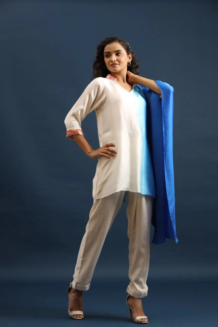 Blue Ombre Satin Silk Kaftan with Pants