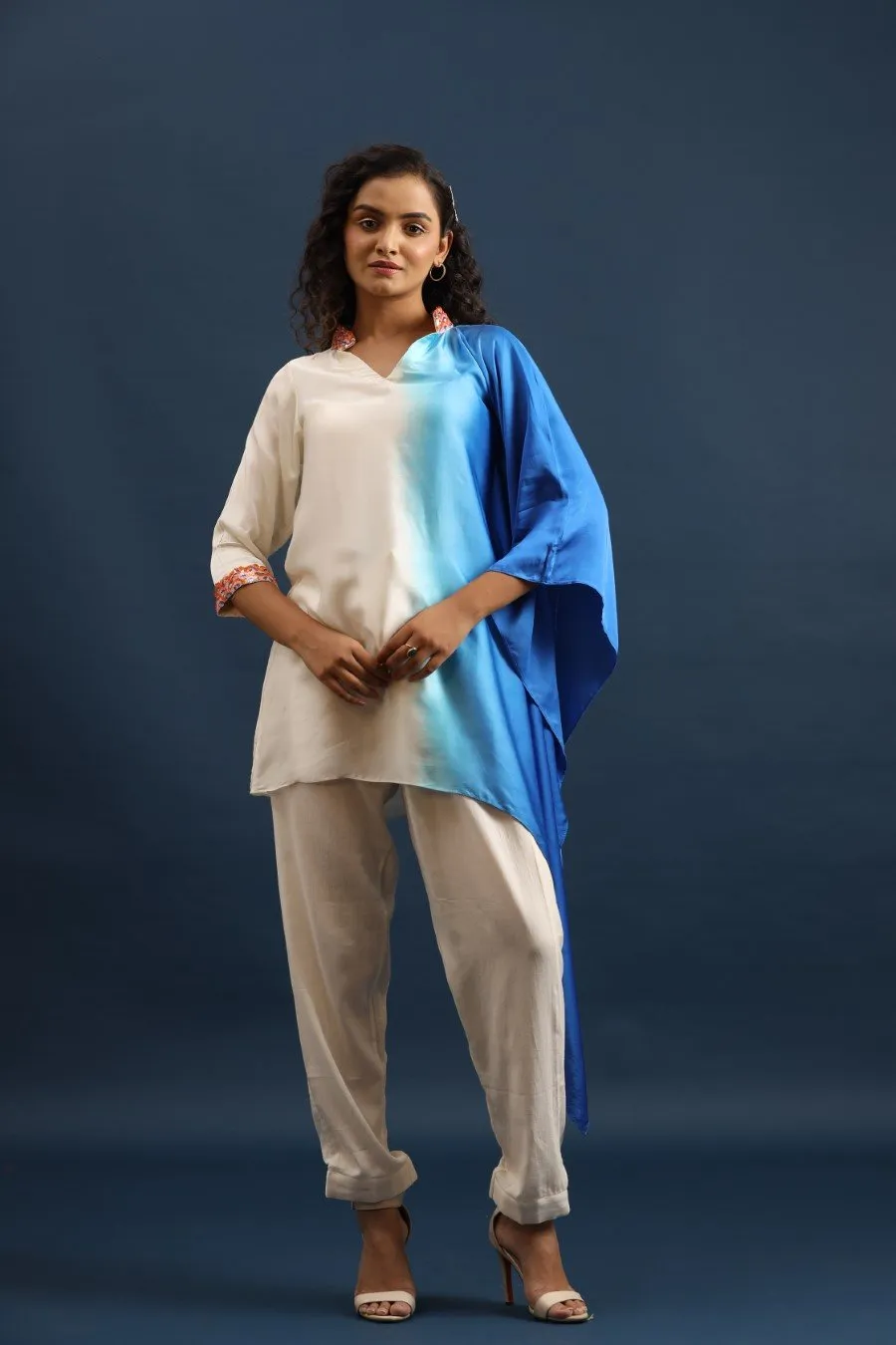 Blue Ombre Satin Silk Kaftan with Pants