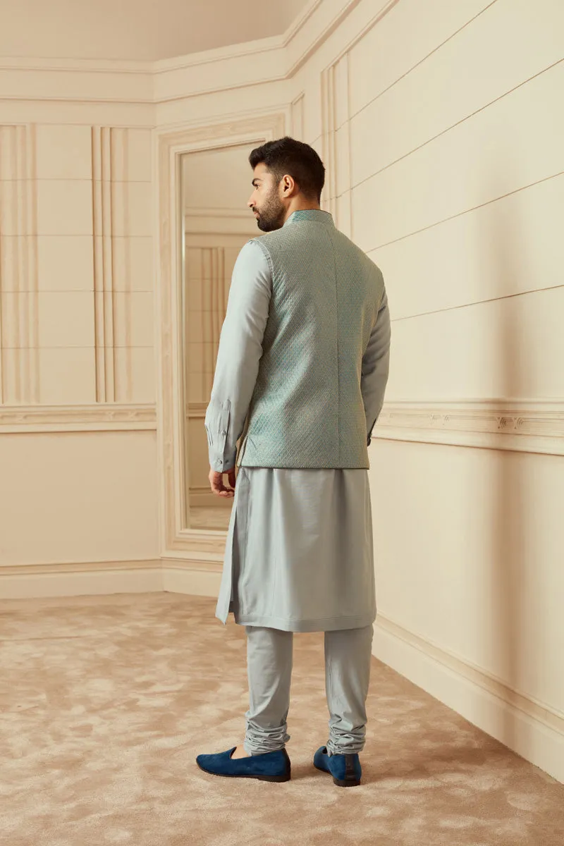 Blue Quilted Brocade Kurta Bundi Set