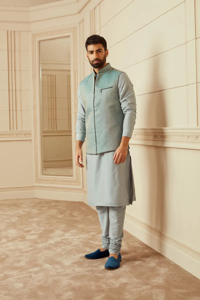 Blue Quilted Brocade Kurta Bundi Set