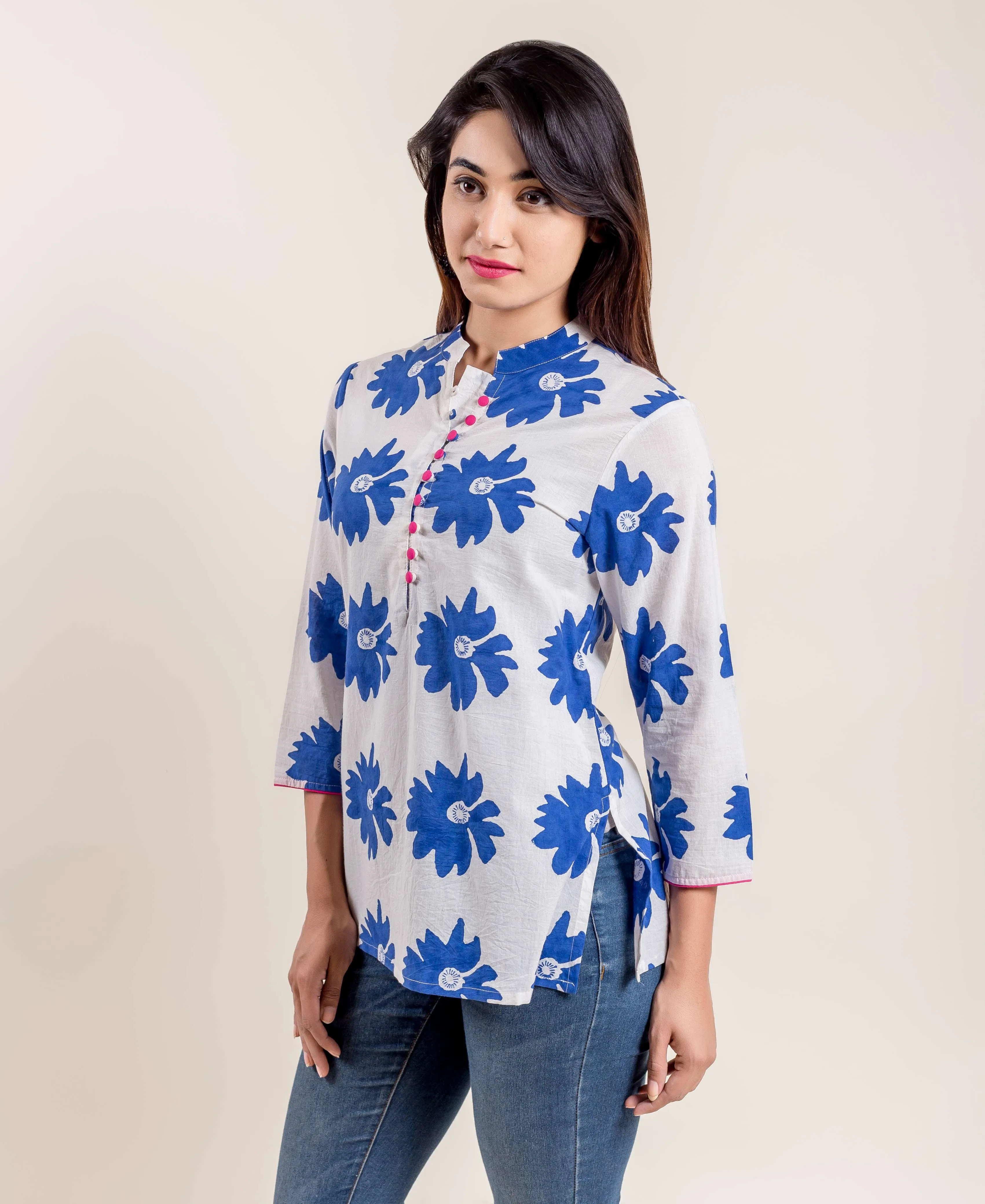 Blue White Floral Hand Block Printed Ethnic Short Kurti With Mandarin Collar And Front Buttons