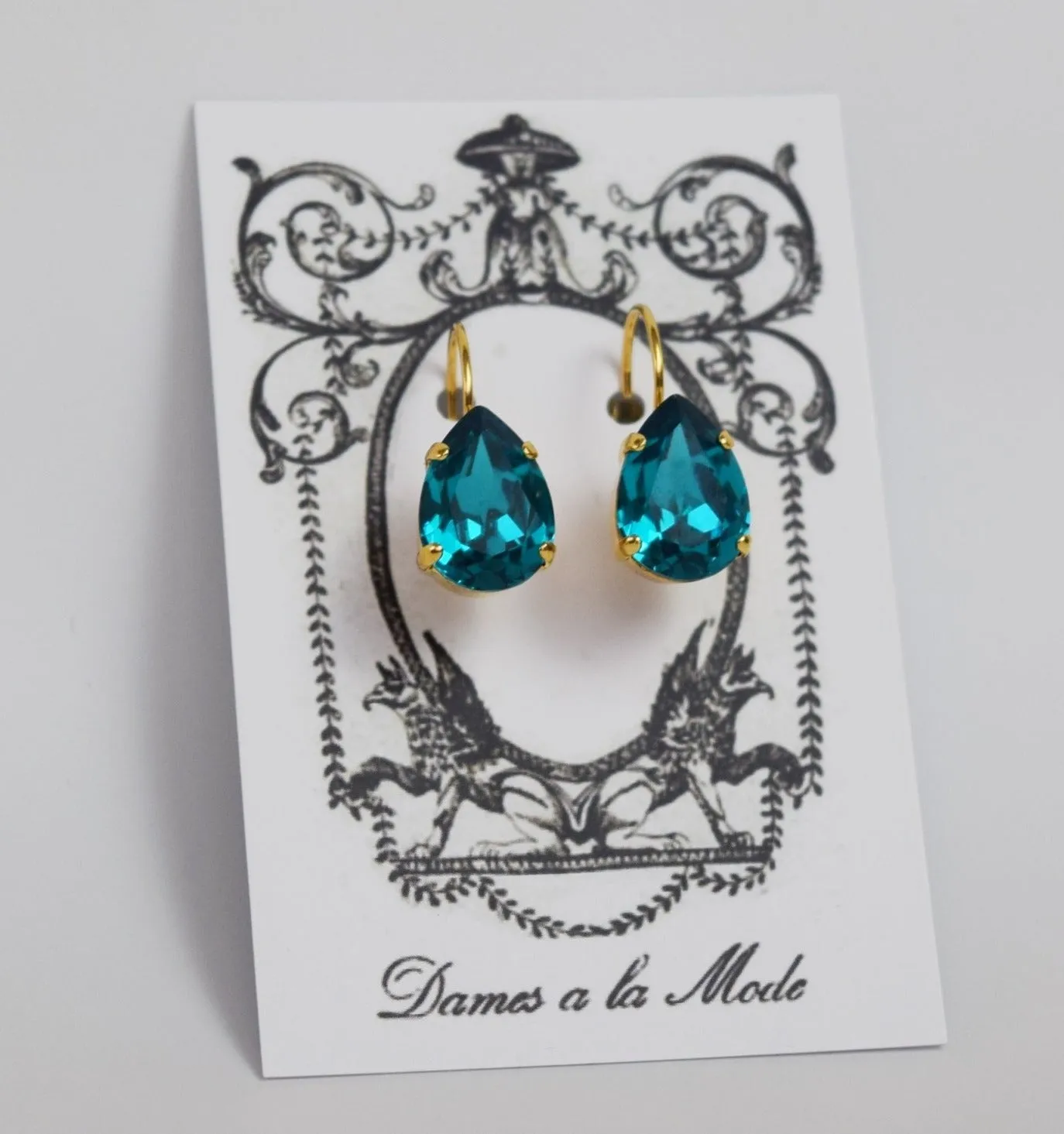 Blue Zircon Swarovski Crystal Earrings - Medium Teardrop