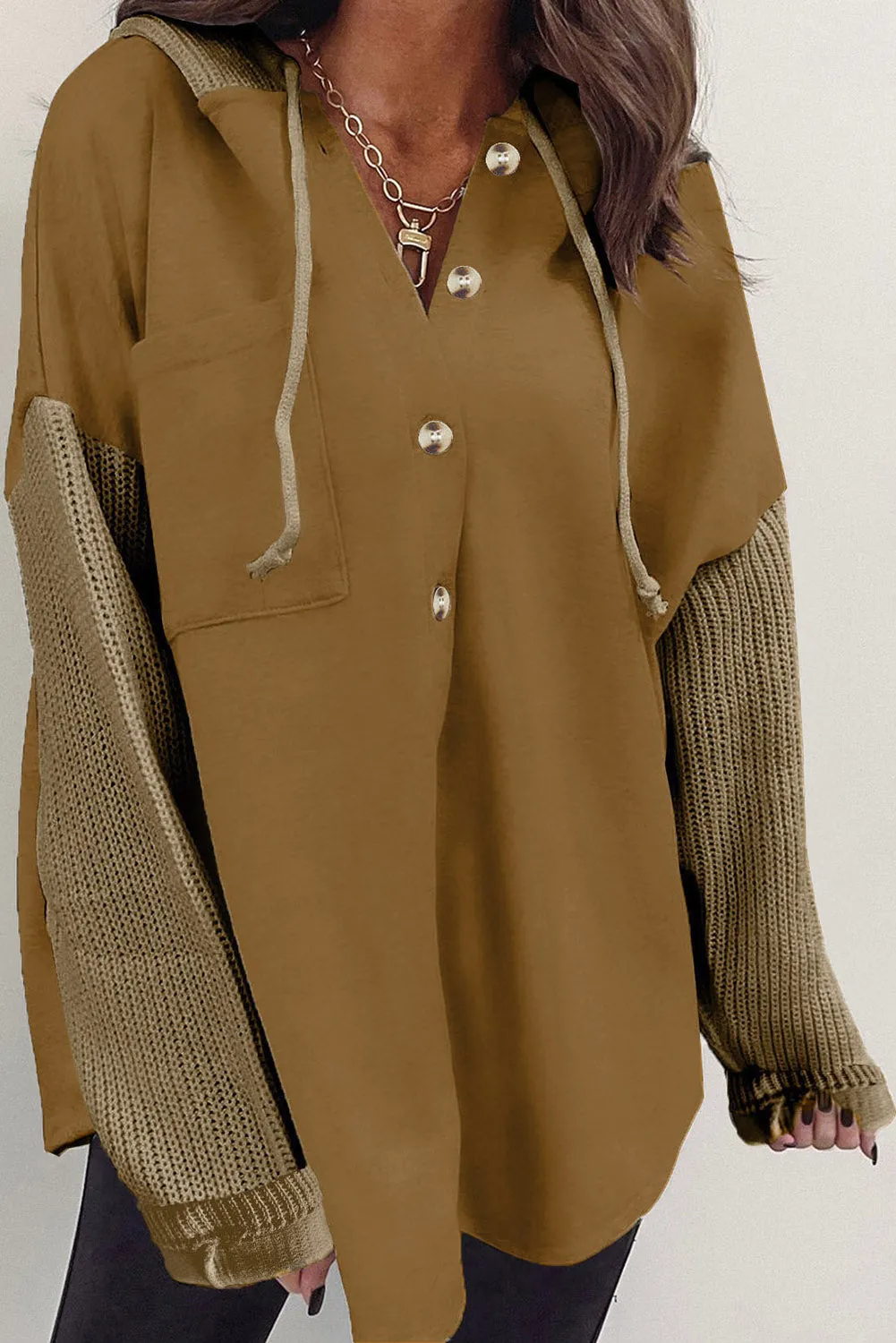 Brown Button Up Contrast Knitted Sleeves Hooded Jacket