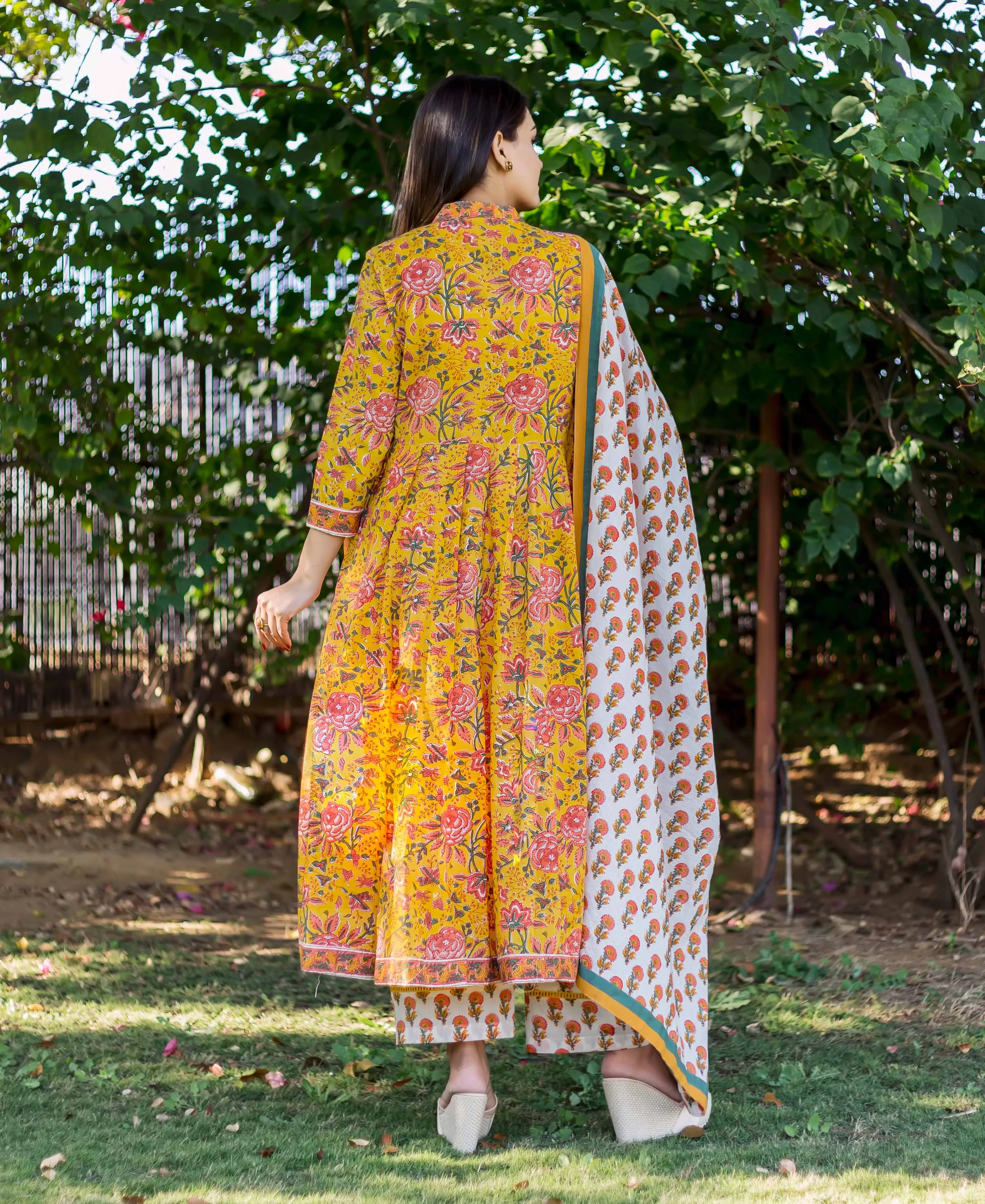 Canary Yellow and Pink Hand Block Printed Kurta