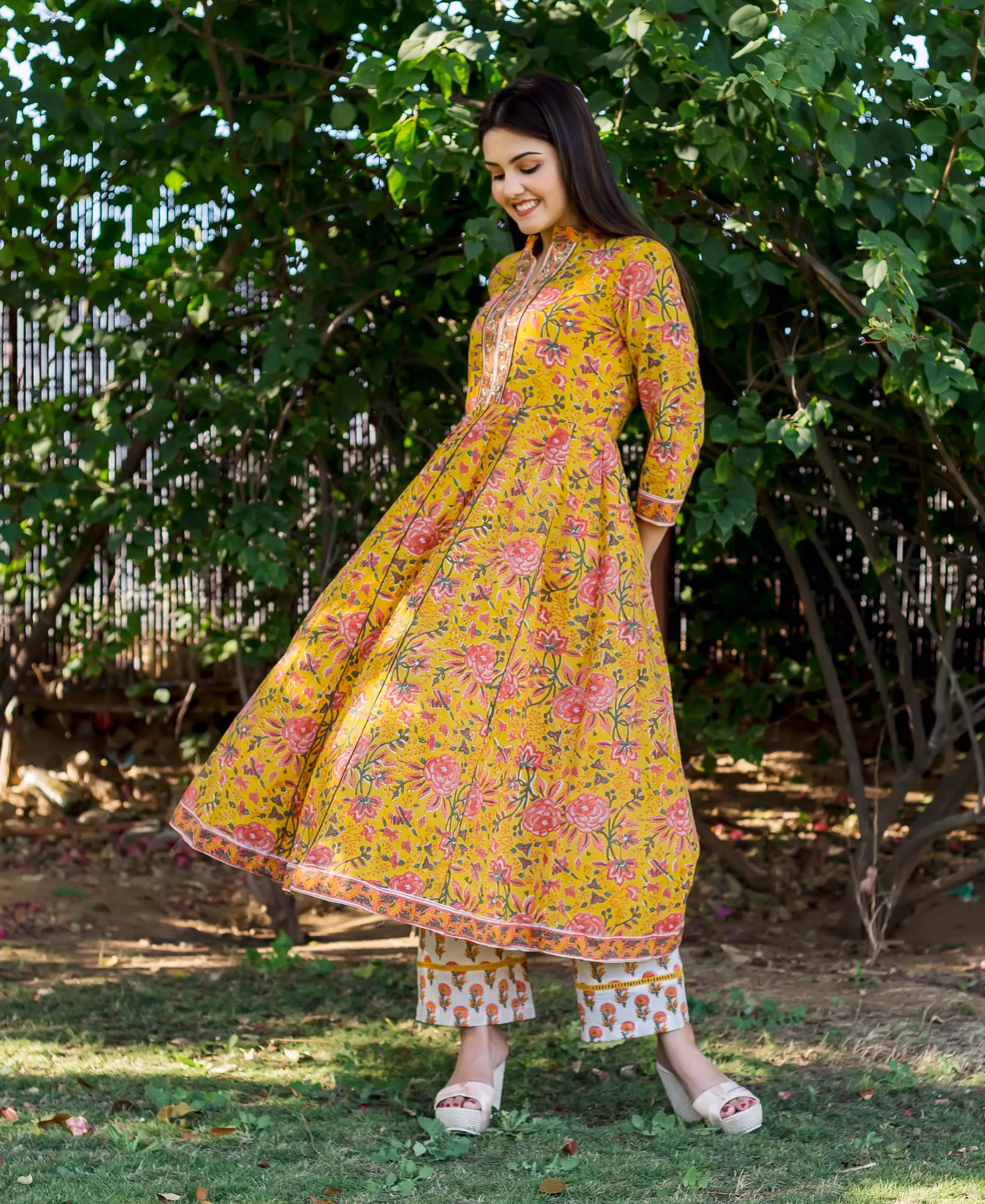 Canary Yellow and Pink Hand Block Printed Kurta