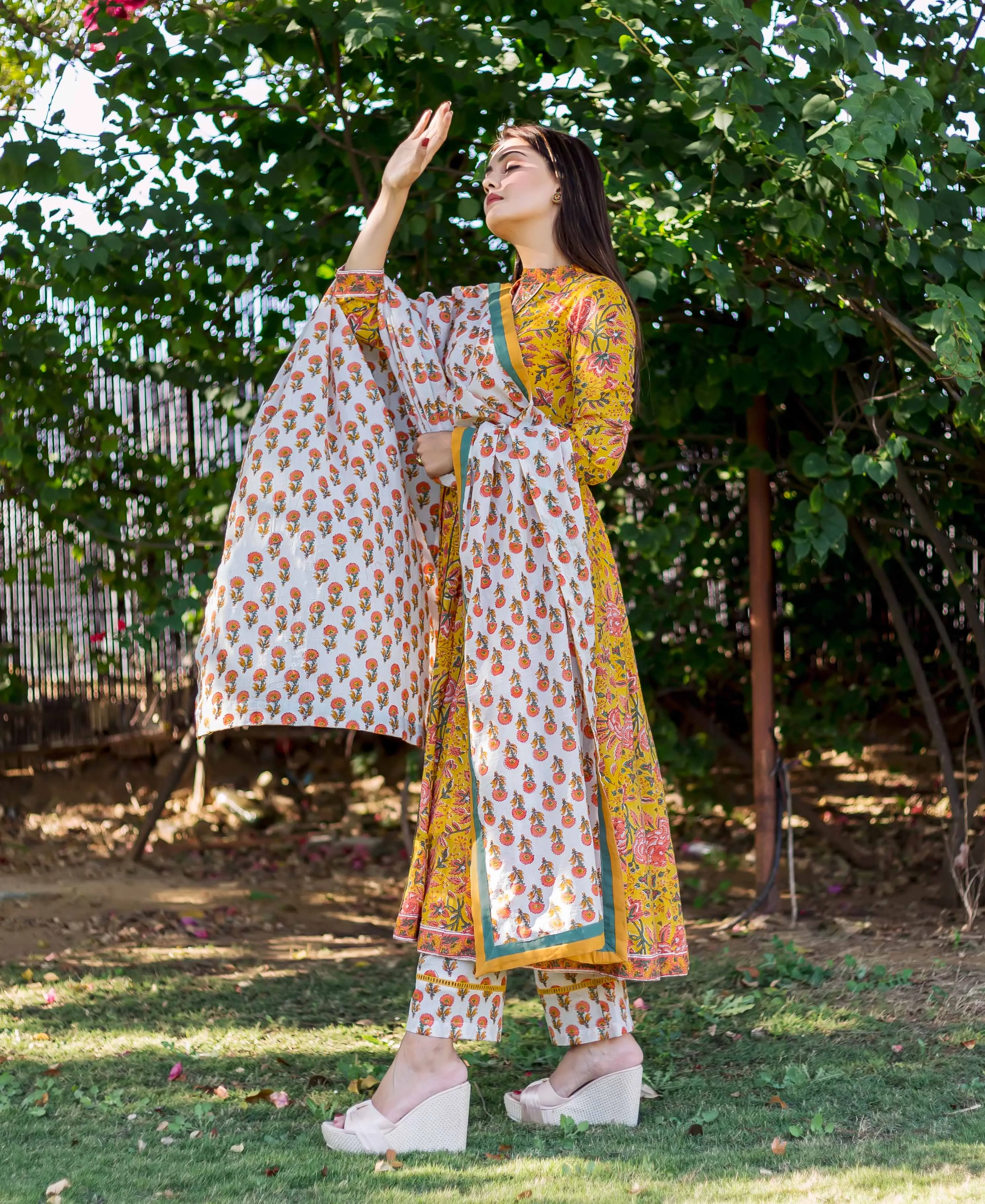 Canary Yellow and Pink Hand Block Printed Kurta