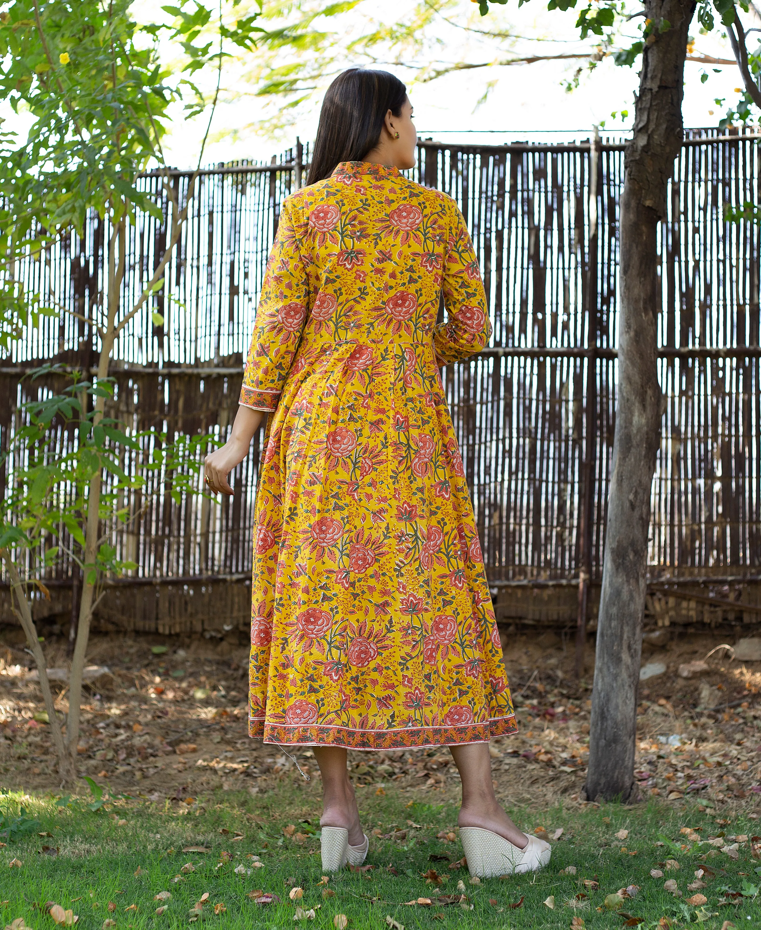 Canary Yellow and Pink Hand Block Printed Kurta