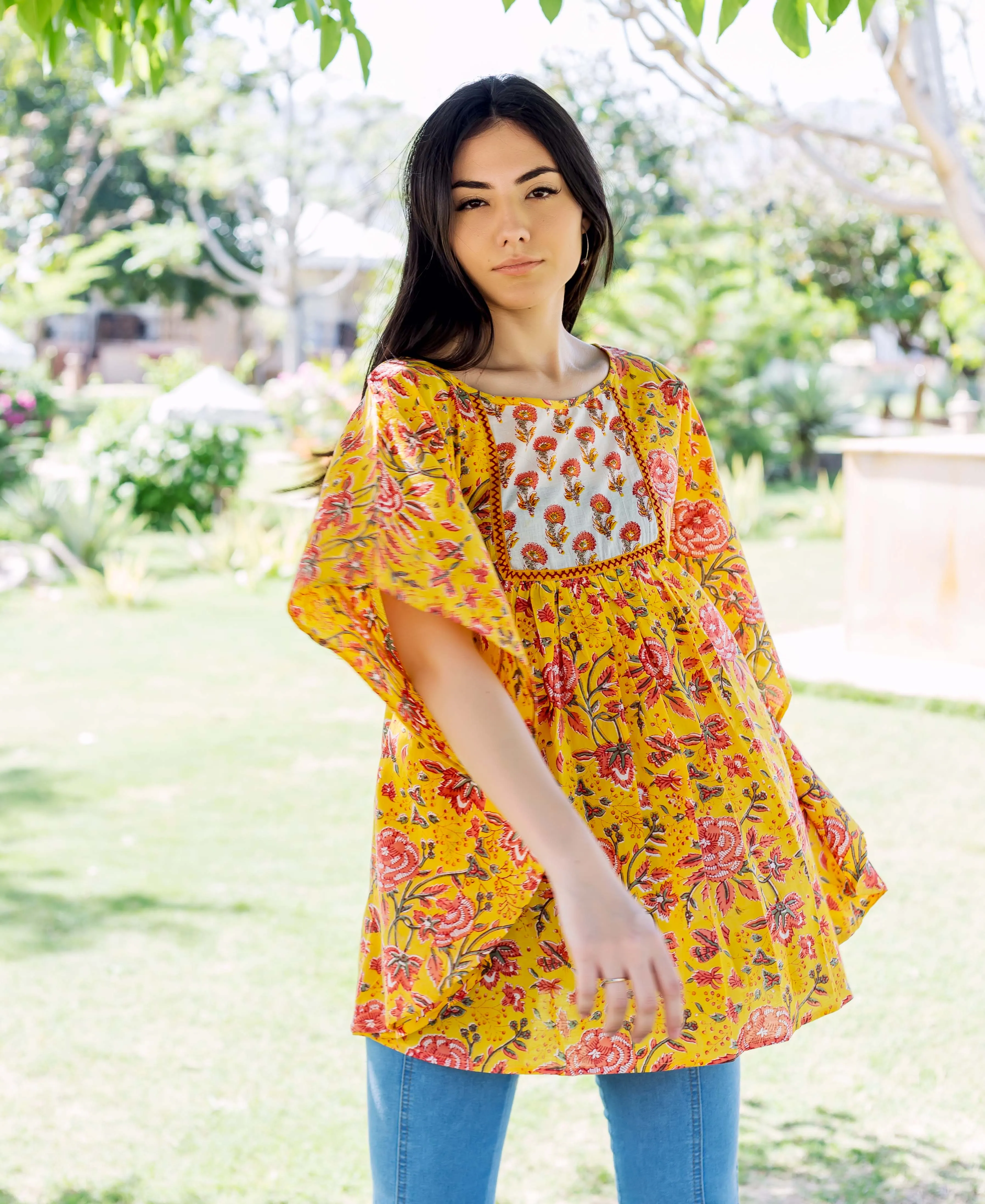 Canary Yellow and Pink Kaftan Top