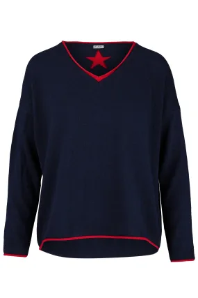 Cashmere Mix Sweater in Navy with Red V-Neck & Star