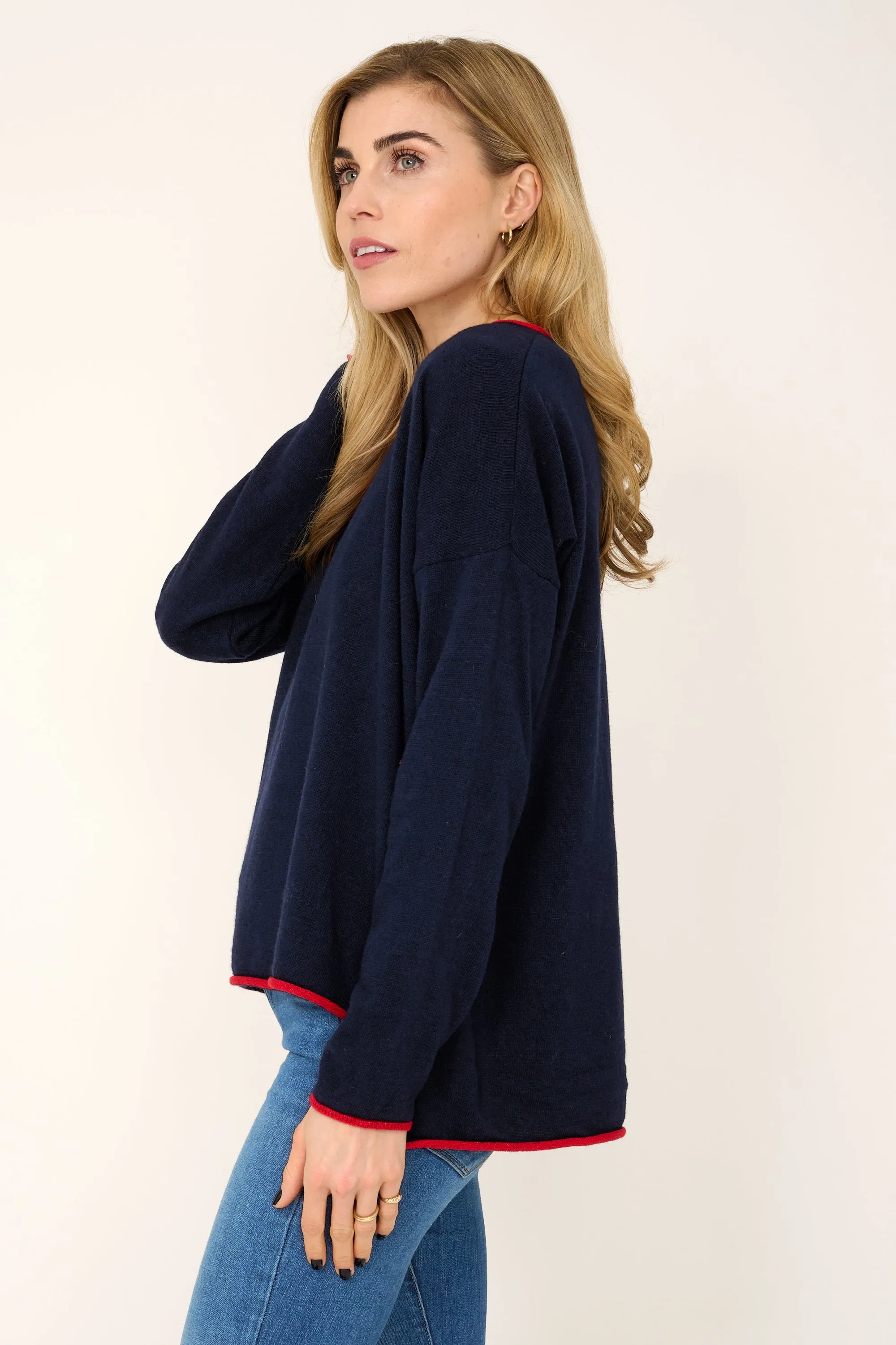 Cashmere Mix Sweater in Navy with Red V-Neck & Star