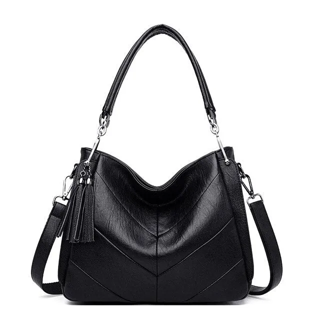 Casual Tassel Patchwork PU Leather Tote Bag, Crossbody Bag and Handbag