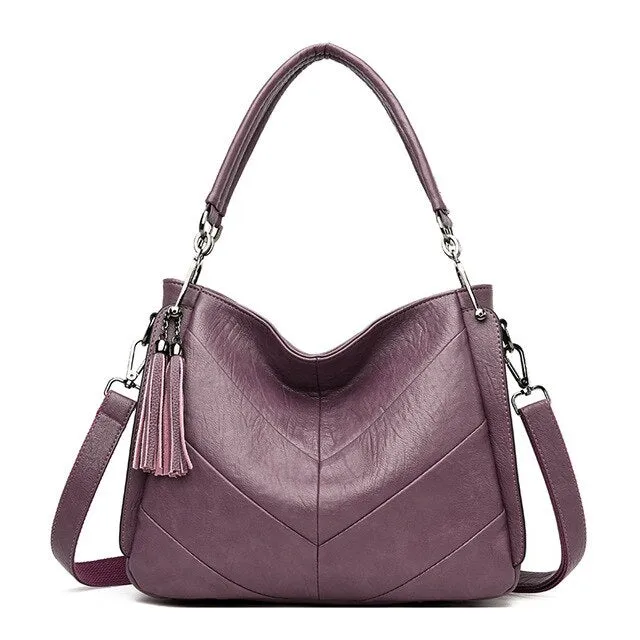 Casual Tassel Patchwork PU Leather Tote Bag, Crossbody Bag and Handbag