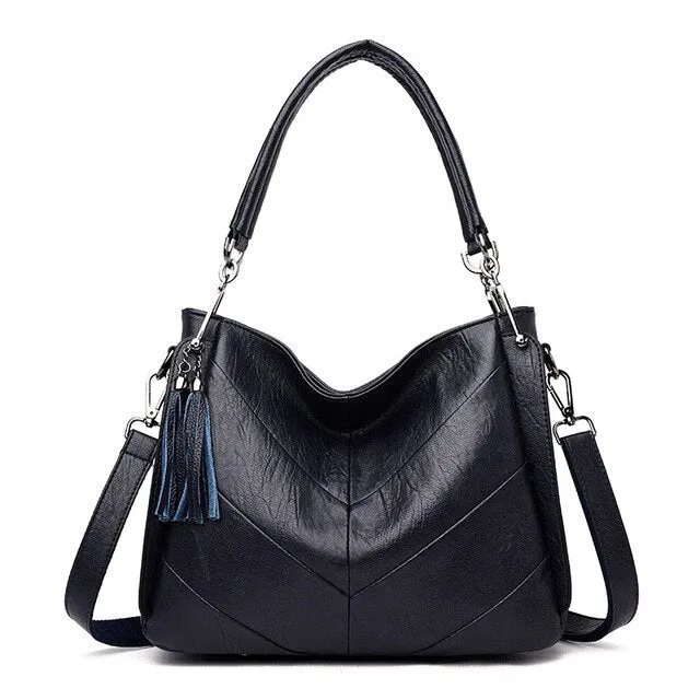 Casual Tassel Patchwork PU Leather Tote Bag, Crossbody Bag and Handbag