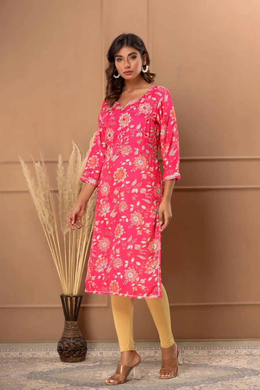 Cerise Pink Floral Embelished Straight Kurta