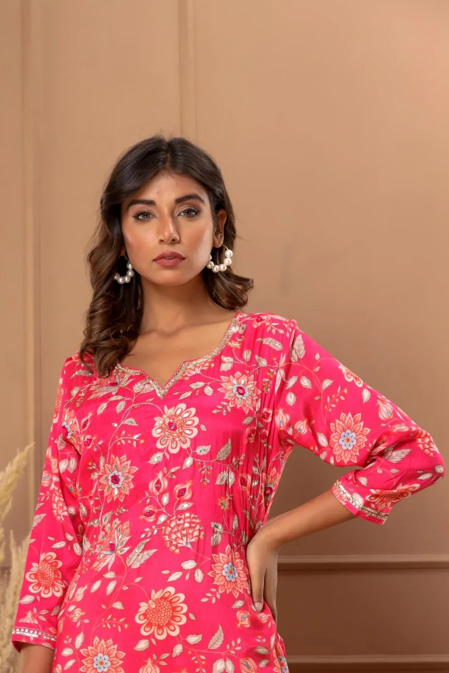 Cerise Pink Floral Embelished Straight Kurta