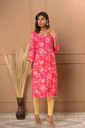 Cerise Pink Floral Embelished Straight Kurta