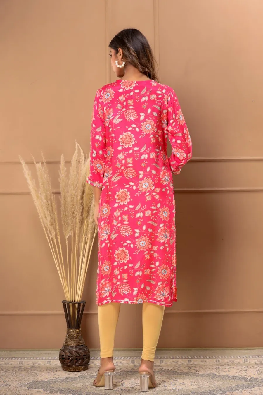 Cerise Pink Floral Embelished Straight Kurta