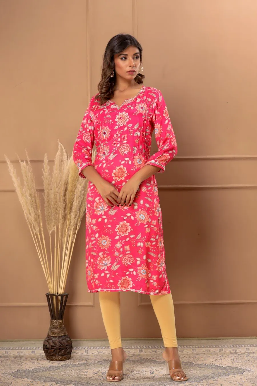 Cerise Pink Floral Embelished Straight Kurta