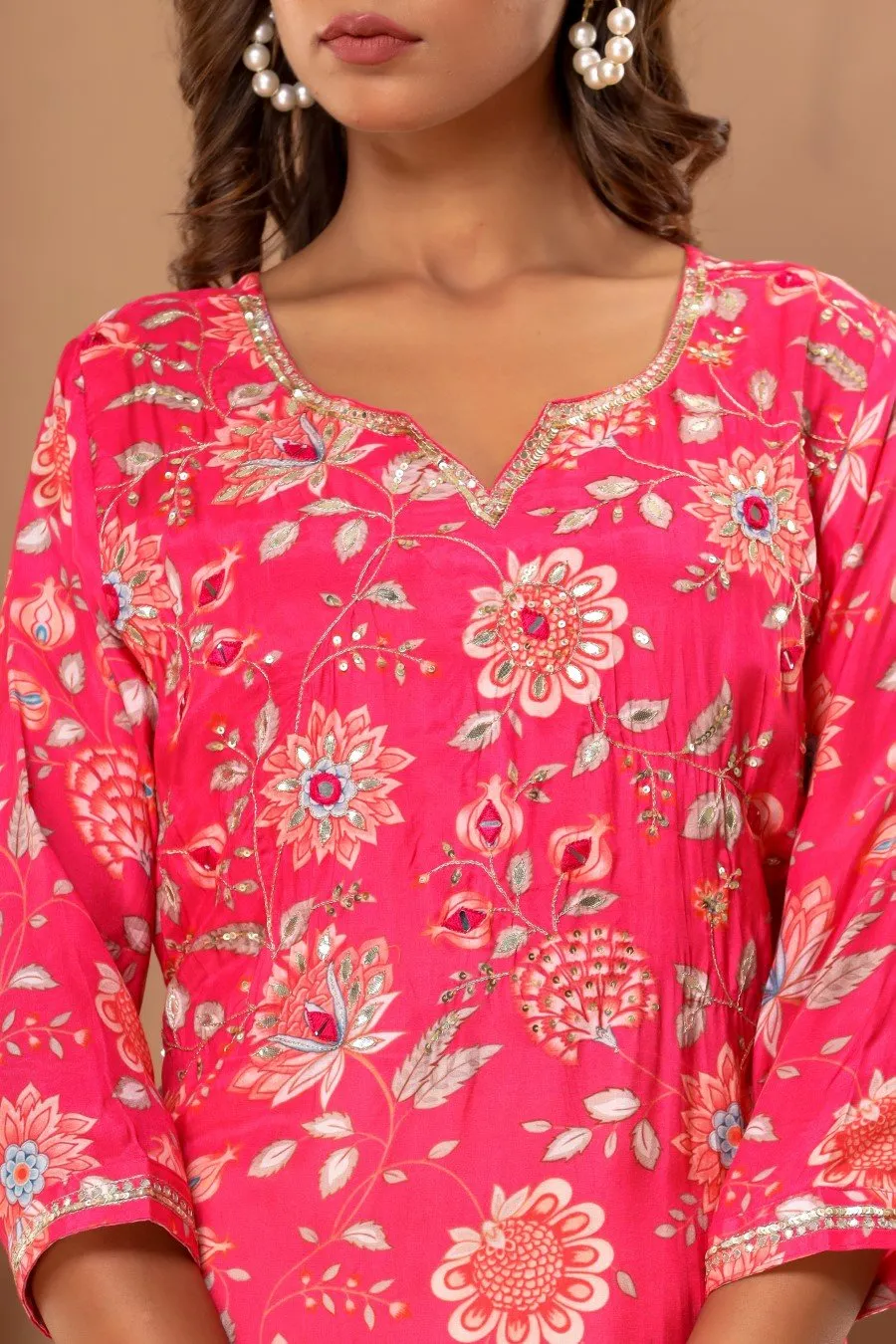 Cerise Pink Floral Embelished Straight Kurta