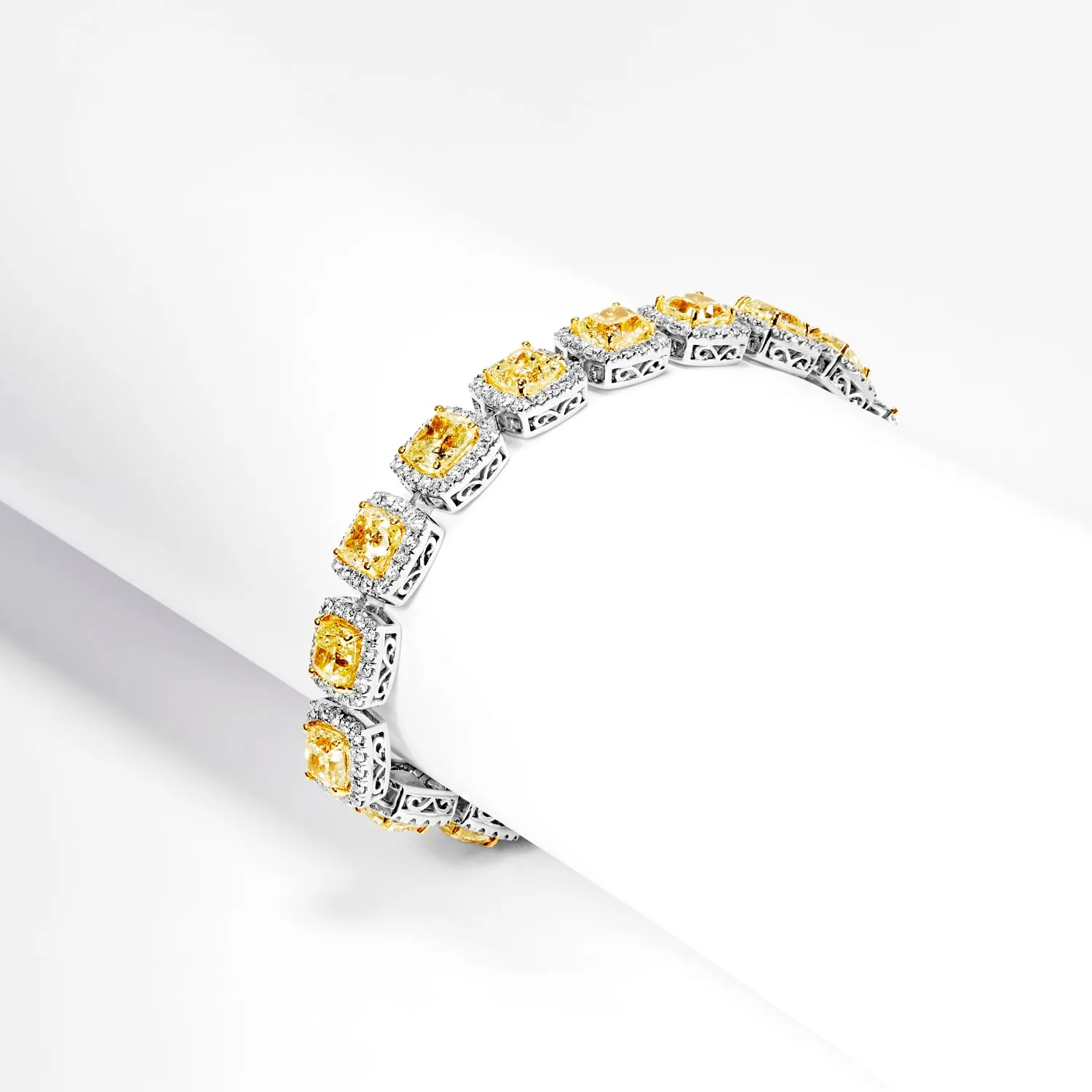 Charley 23 Carats Fancy Yellow Cushion Cut Single Row Diamond Tennis Bracelet in 18k White Gold