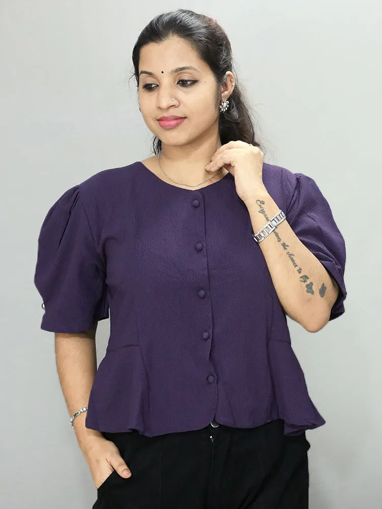 Chic and Comfortable: Women's Short Top in Popcorn Material with Round Neck and Puff Sleeve - Only ₹490