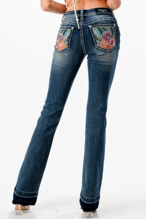 Colorful Floral Embroidery Hem Detail Mid Rise Bootcut Jeans