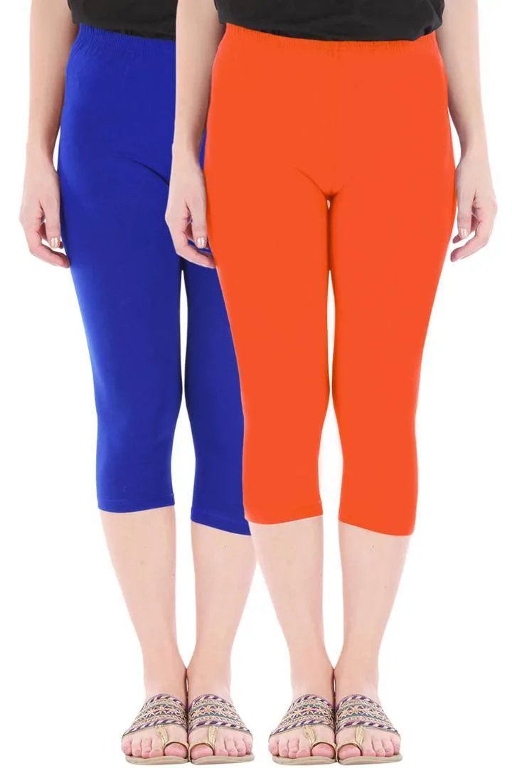 Combo Pack Of 2 Skinny Fit 3/4 Capris Leggings For Women Royal Blue Flame Orange