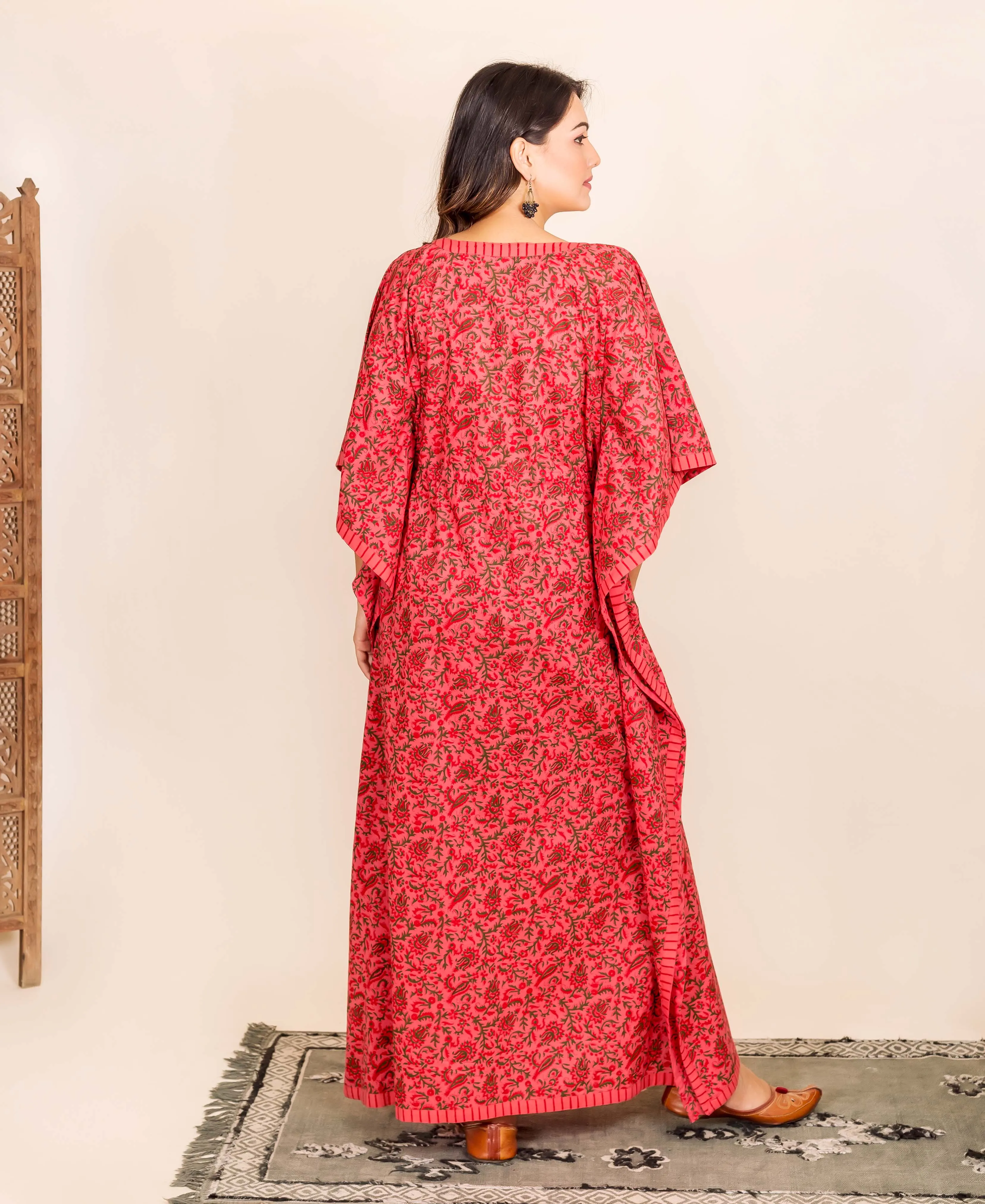 Coral Multi Color Hand Block Printed Kaftan