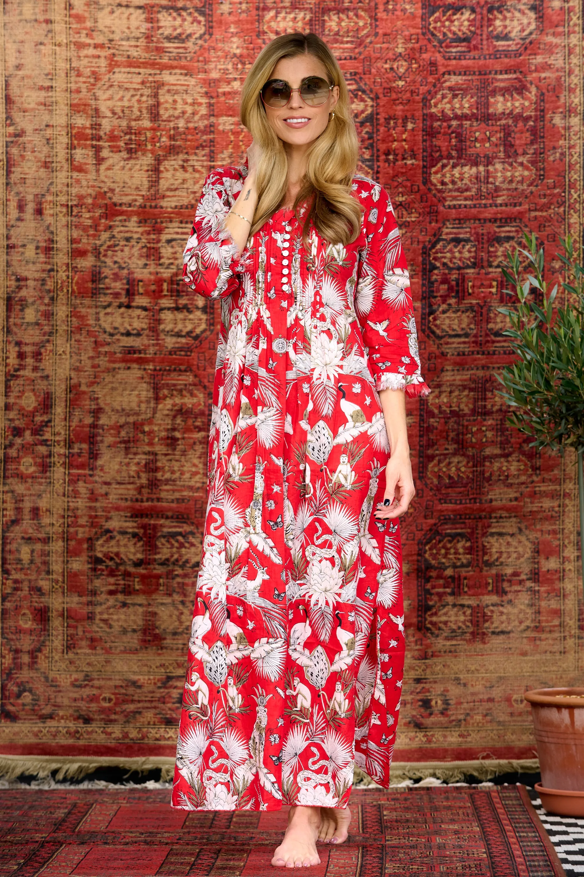 Cotton Annabel Maxi Dress in Red Tropical