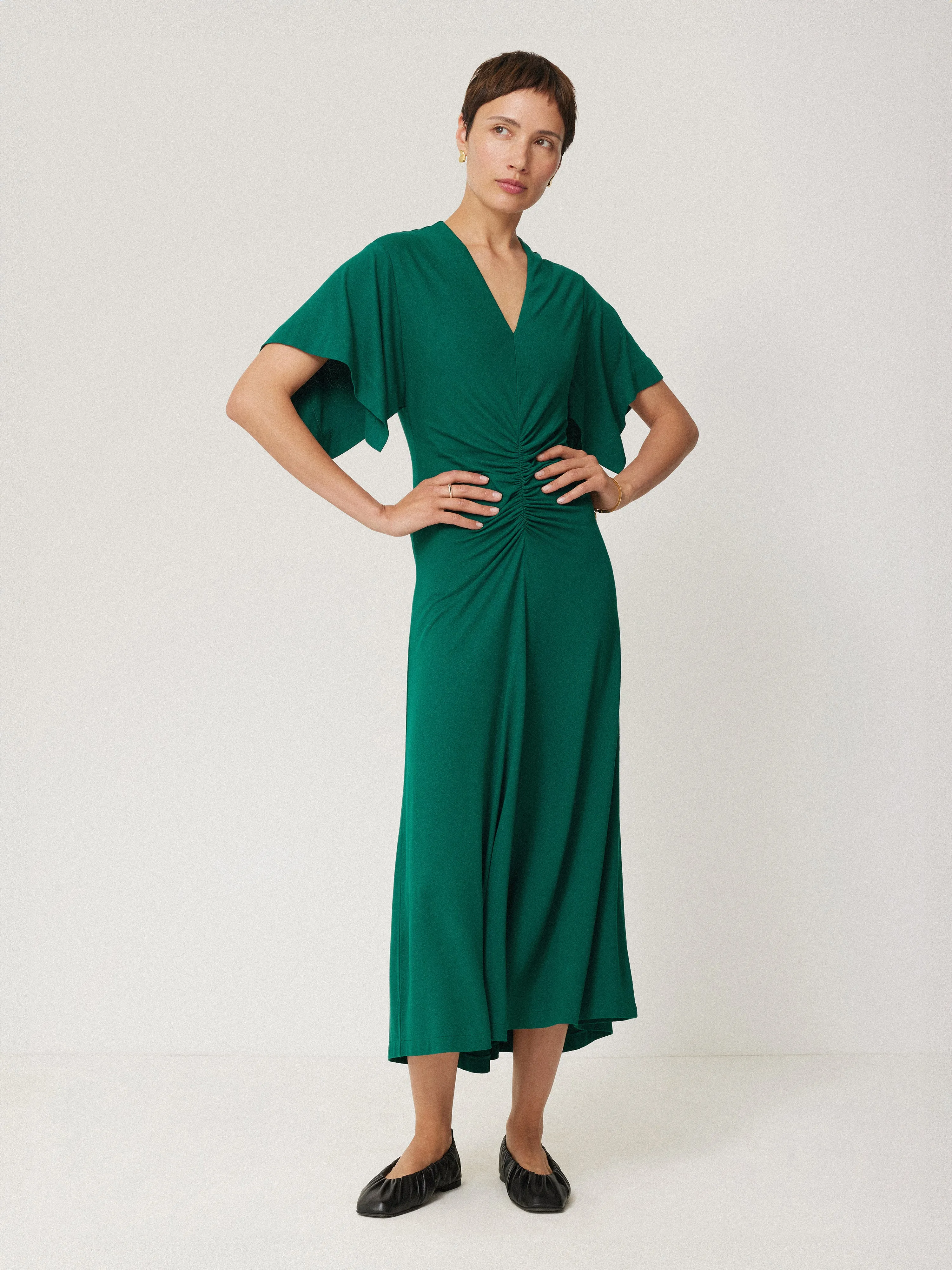 Crepe Flutter Sleeve Dress | Green