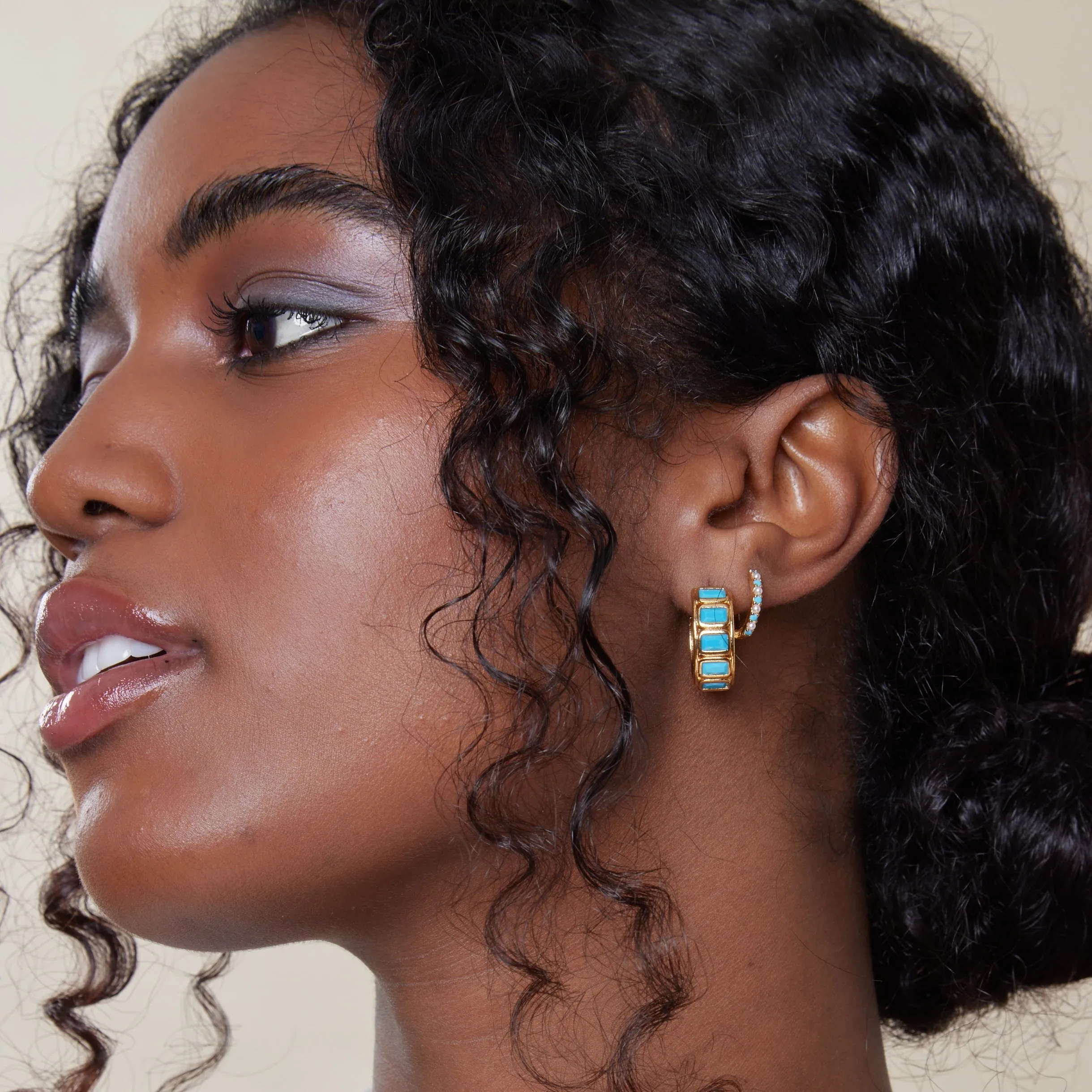 Crystal Baguette Mid-Sized Hoop Earrings - Turquoise