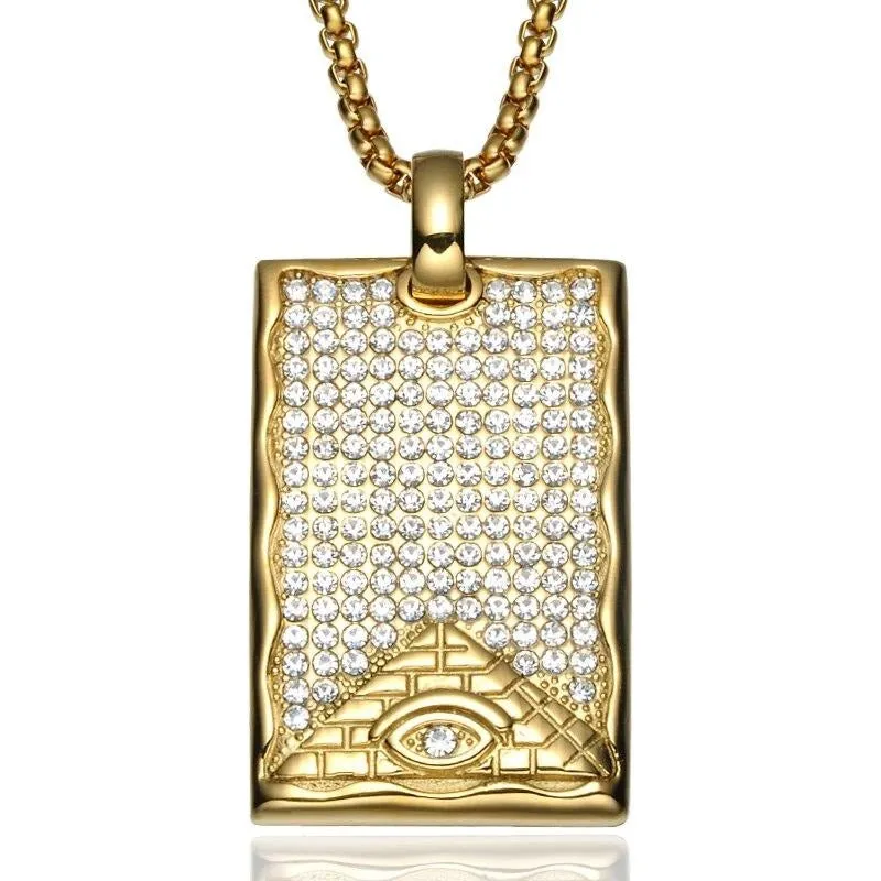 Crystal-Studded Gold-Plated Eye of Providence Dog Tag Bling Titanium Hip-hop Pendant Necklace