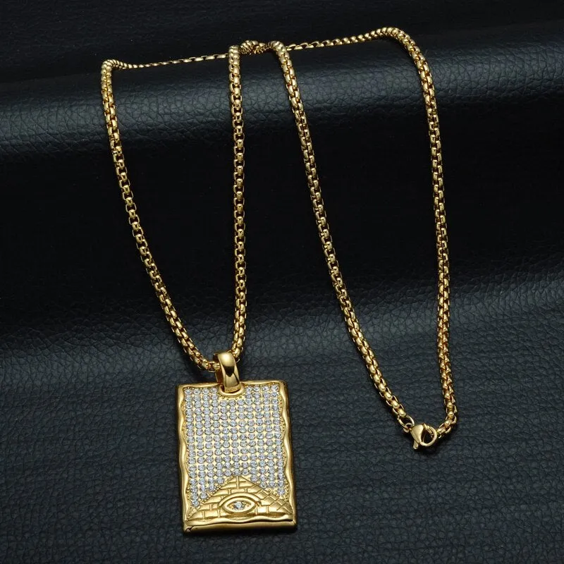 Crystal-Studded Gold-Plated Eye of Providence Dog Tag Bling Titanium Hip-hop Pendant Necklace