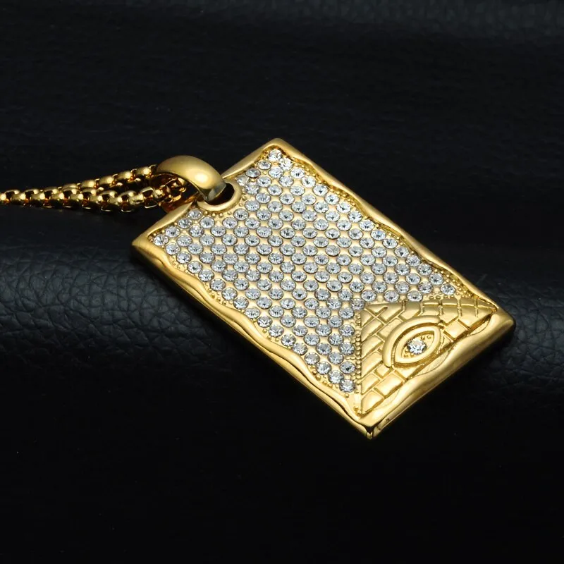 Crystal-Studded Gold-Plated Eye of Providence Dog Tag Bling Titanium Hip-hop Pendant Necklace