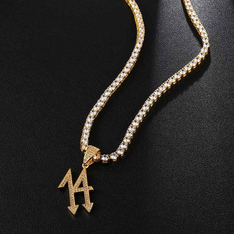 Cubic-Zirconia-Studded Number 14 Arrow Bling Hip-hop Pendant Necklace