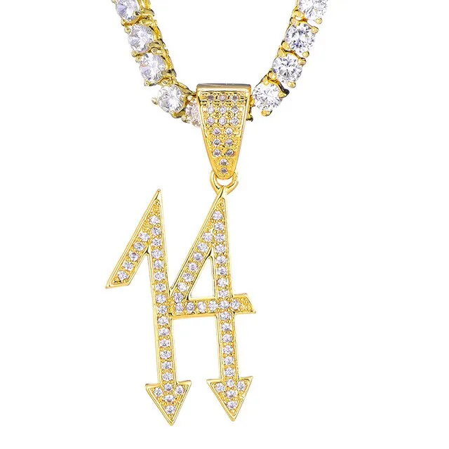 Cubic-Zirconia-Studded Number 14 Arrow Bling Hip-hop Pendant Necklace