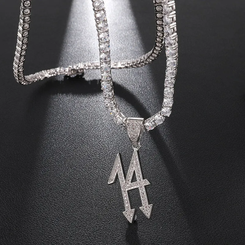 Cubic-Zirconia-Studded Number 14 Arrow Bling Hip-hop Pendant Necklace