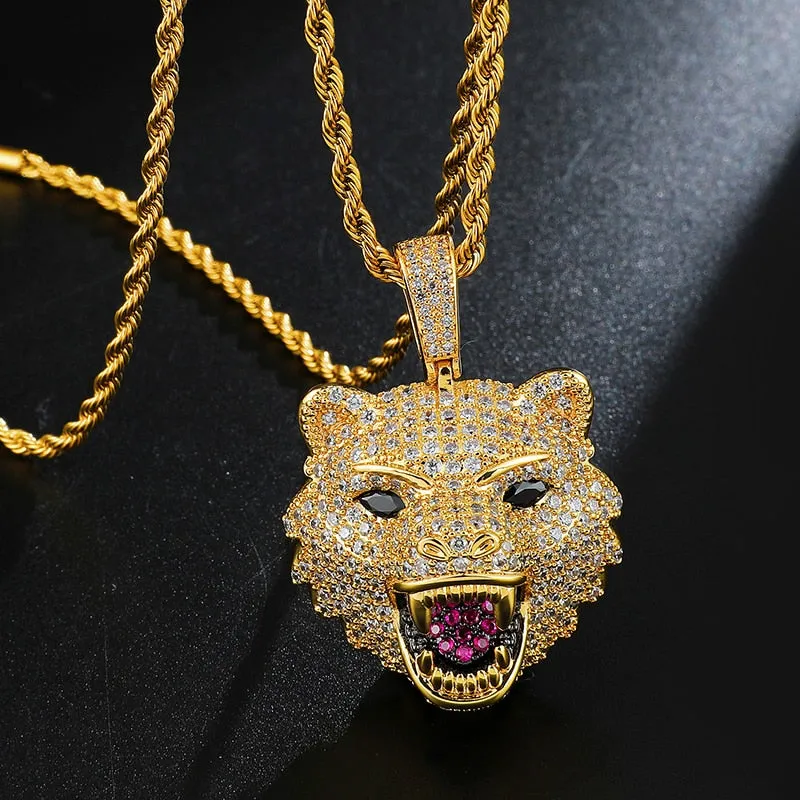 Cubic-Zirconia-Studded Wolf Head Bling Hip-hop Pendant Necklace