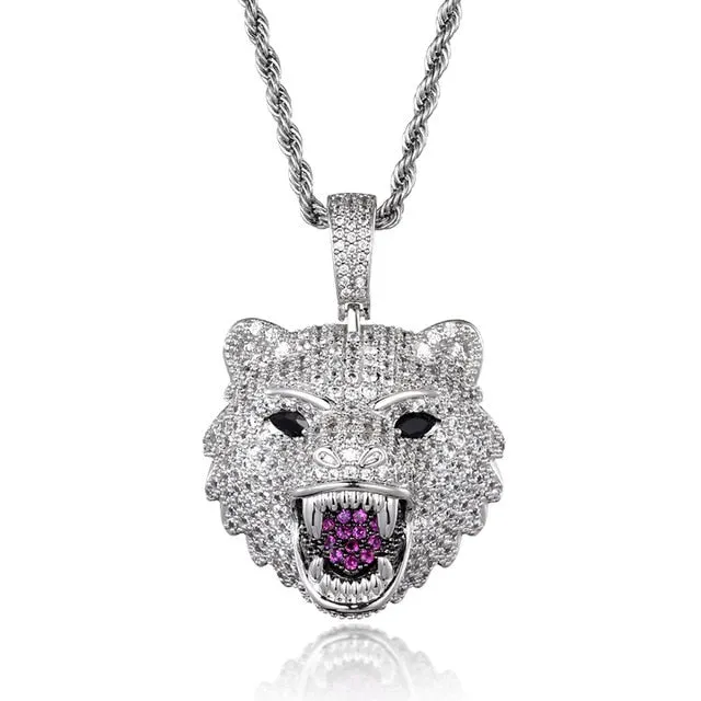 Cubic-Zirconia-Studded Wolf Head Bling Hip-hop Pendant Necklace