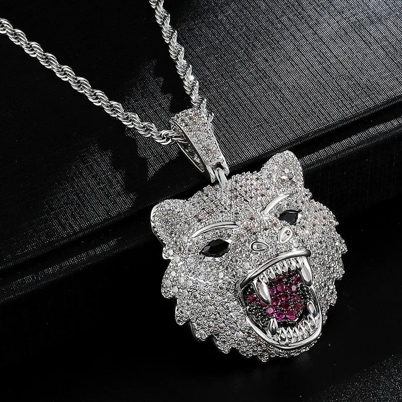 Cubic-Zirconia-Studded Wolf Head Bling Hip-hop Pendant Necklace