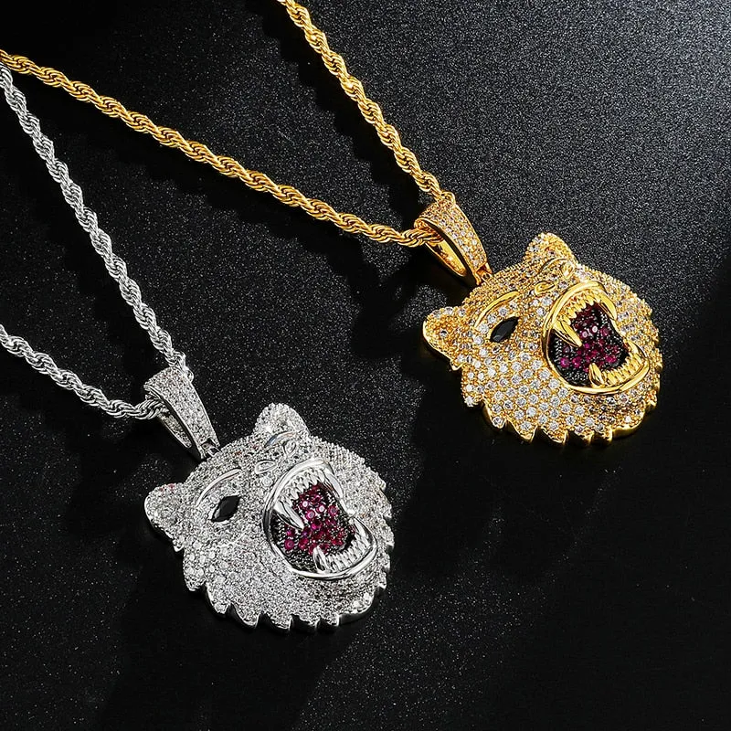 Cubic-Zirconia-Studded Wolf Head Bling Hip-hop Pendant Necklace