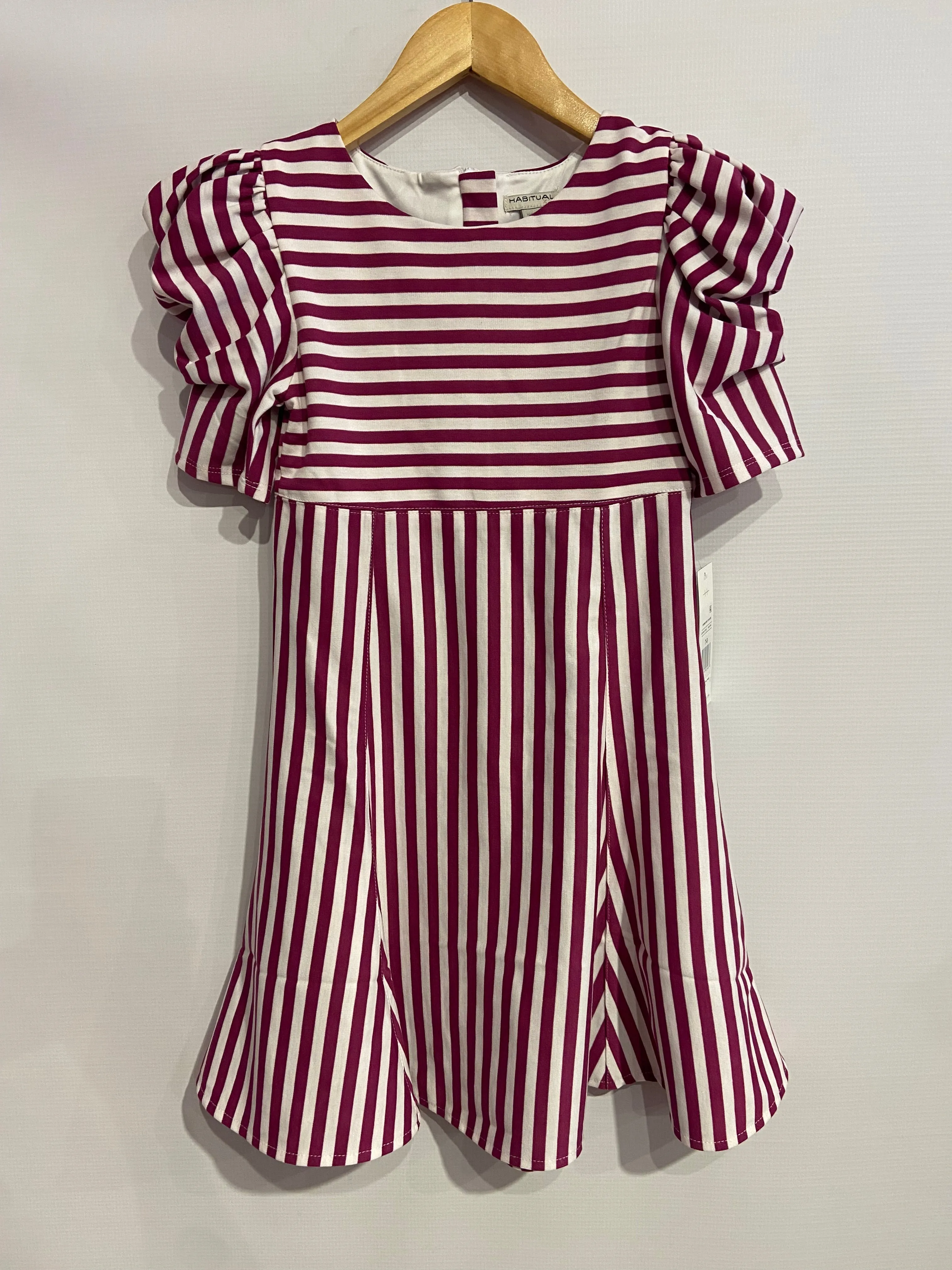 Dark Pink Stripe Puff Sleeve Dress