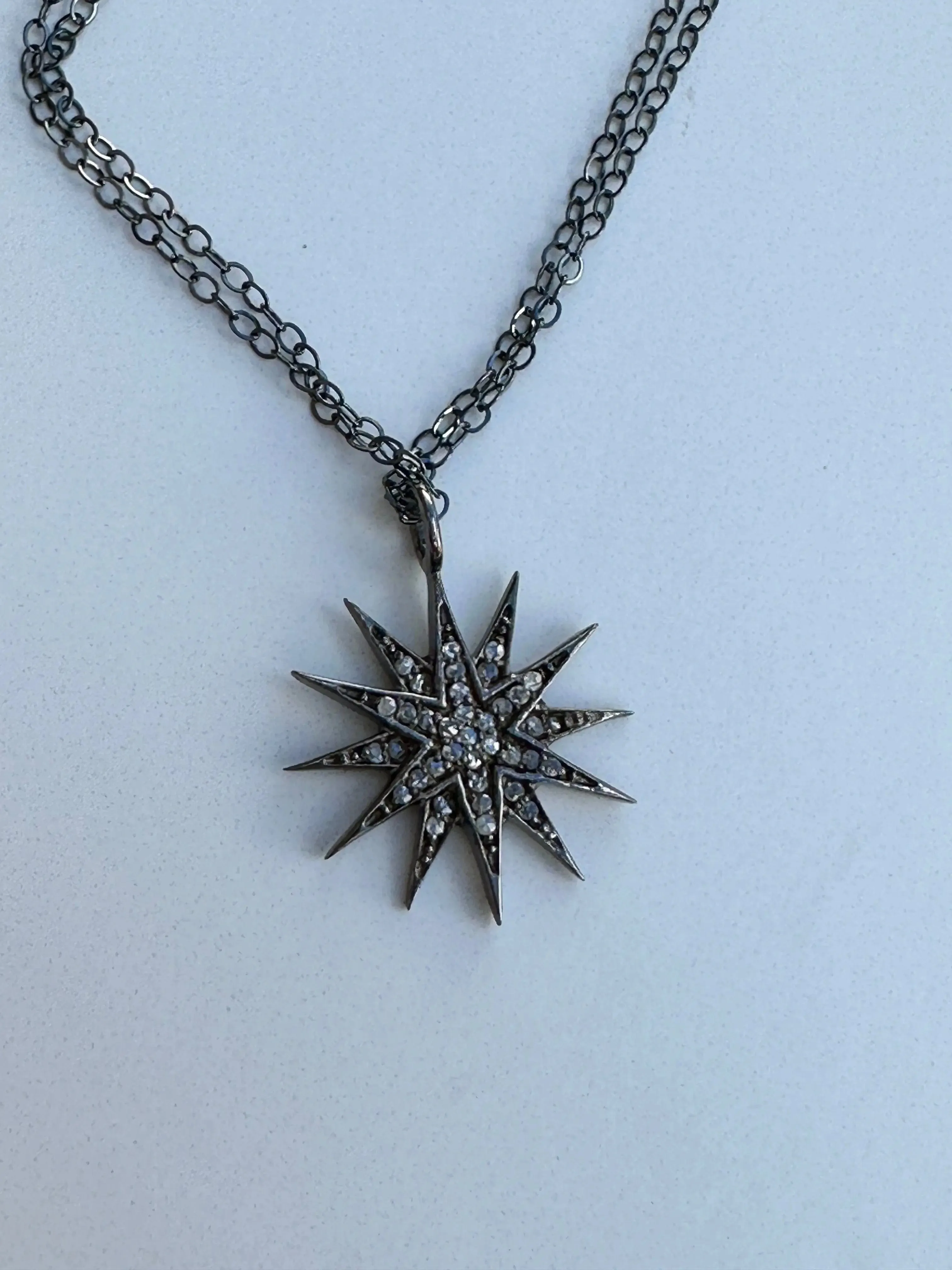 Diamond Pave Sunburst Antique Silver Star